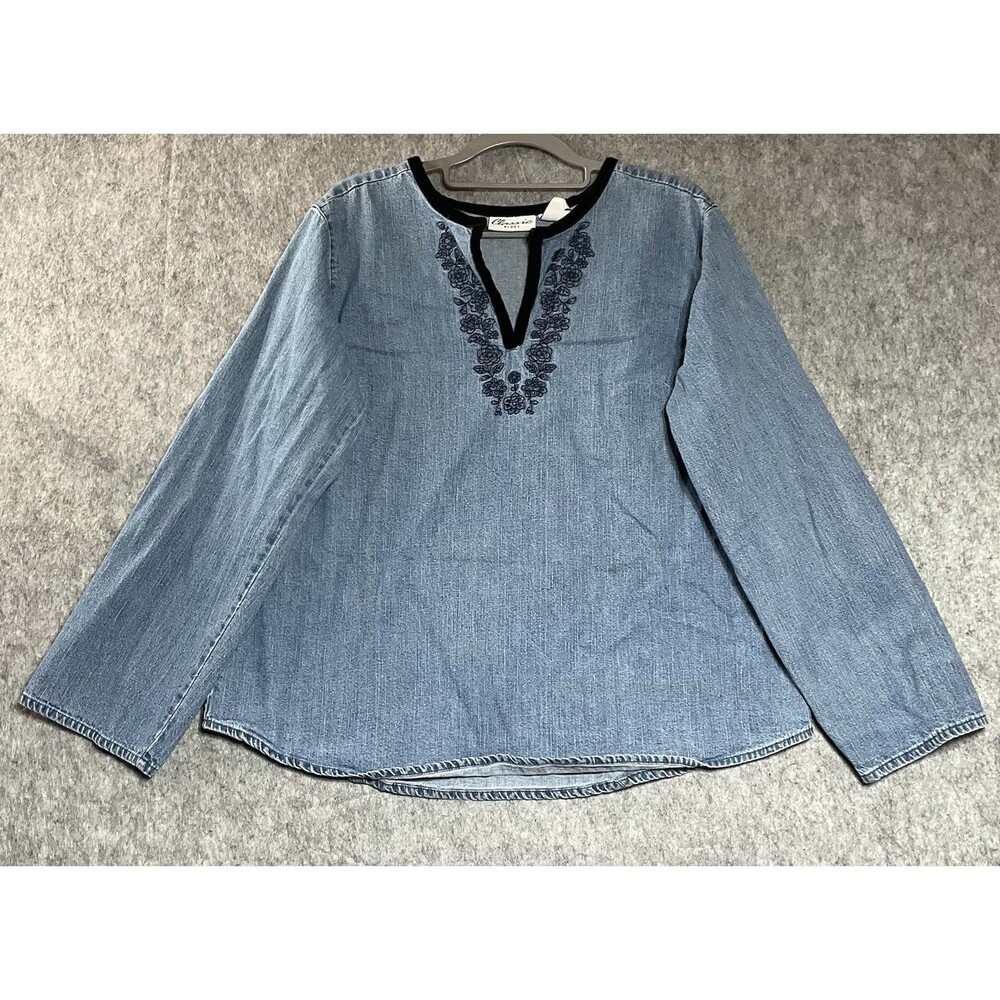 Vintage Denim Shirt Womens Large Blue Embroidered Long Sleeve Cotton Top Boho
